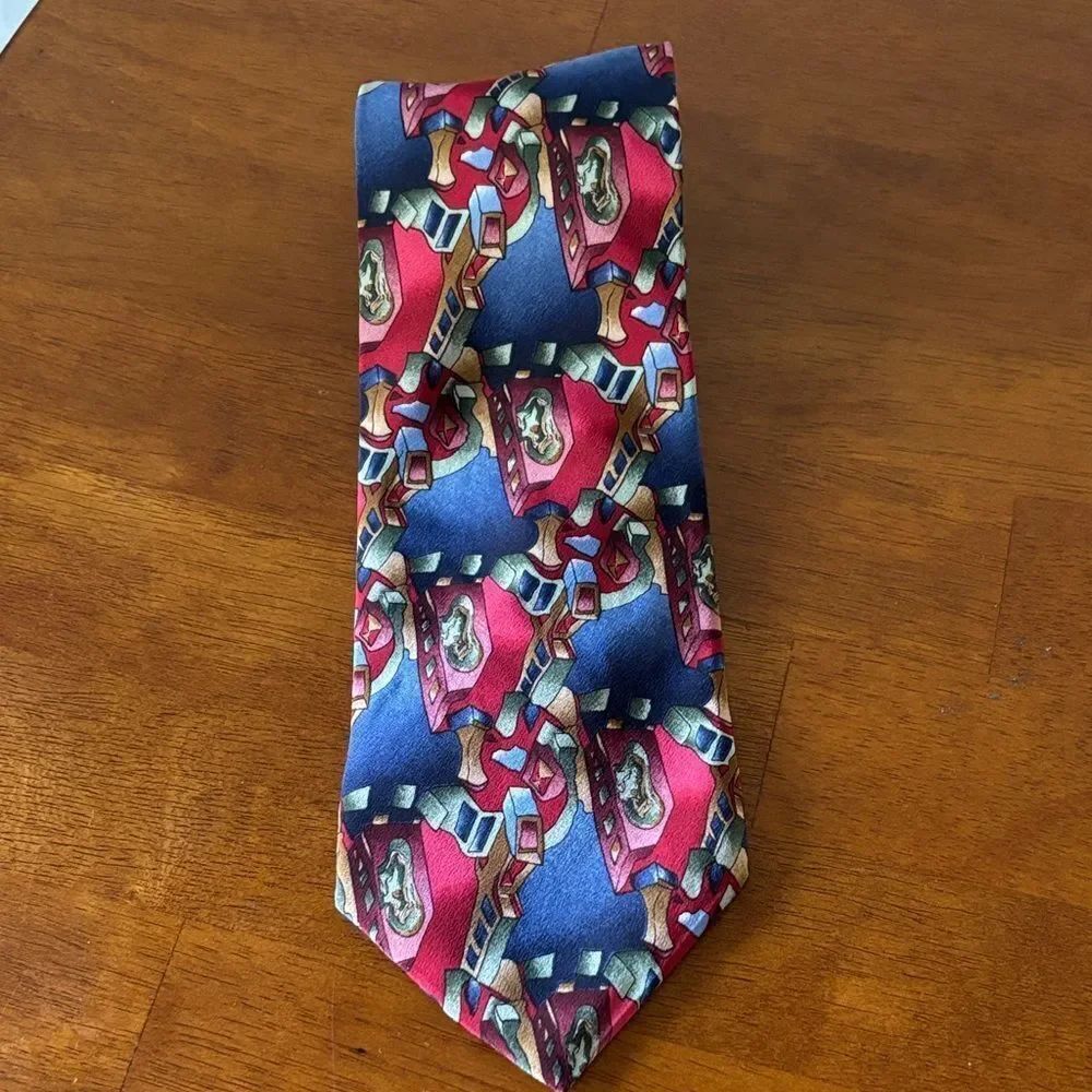J. Garcia 100% Silk Red and Blue Geometric Tie